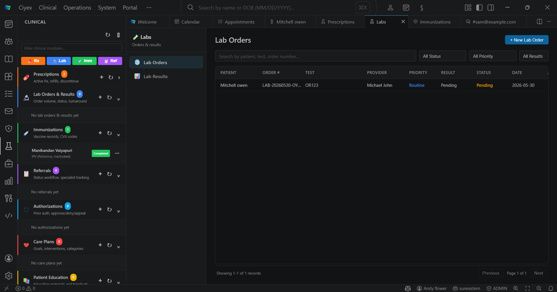 Labs and reports module shown inside the Ciyex Workspace desktop client