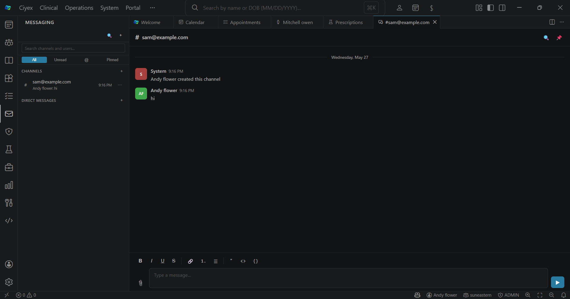 Secure messaging module shown inside the Ciyex Workspace desktop client
