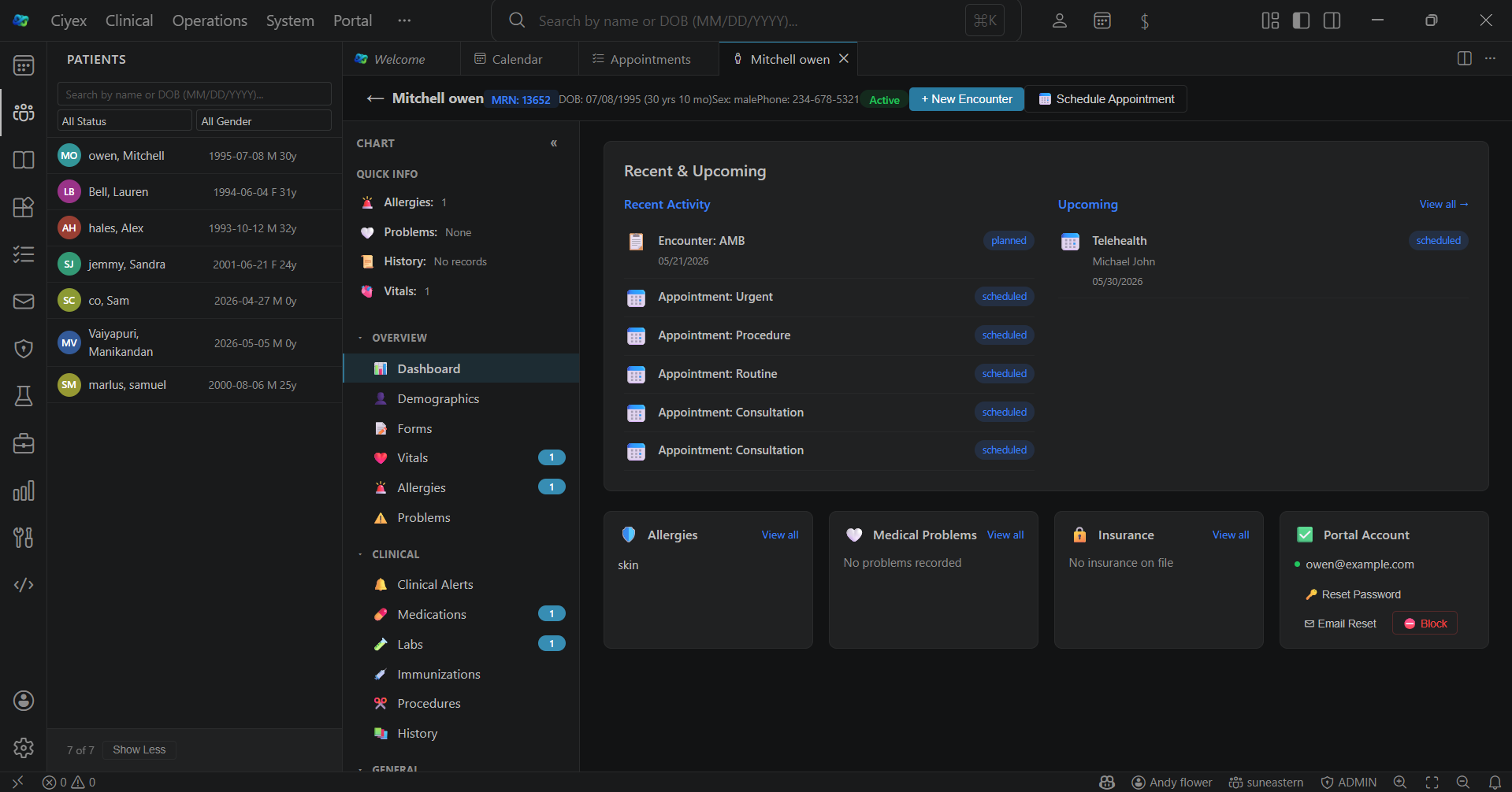 Patient management module shown inside the Ciyex Workspace desktop client