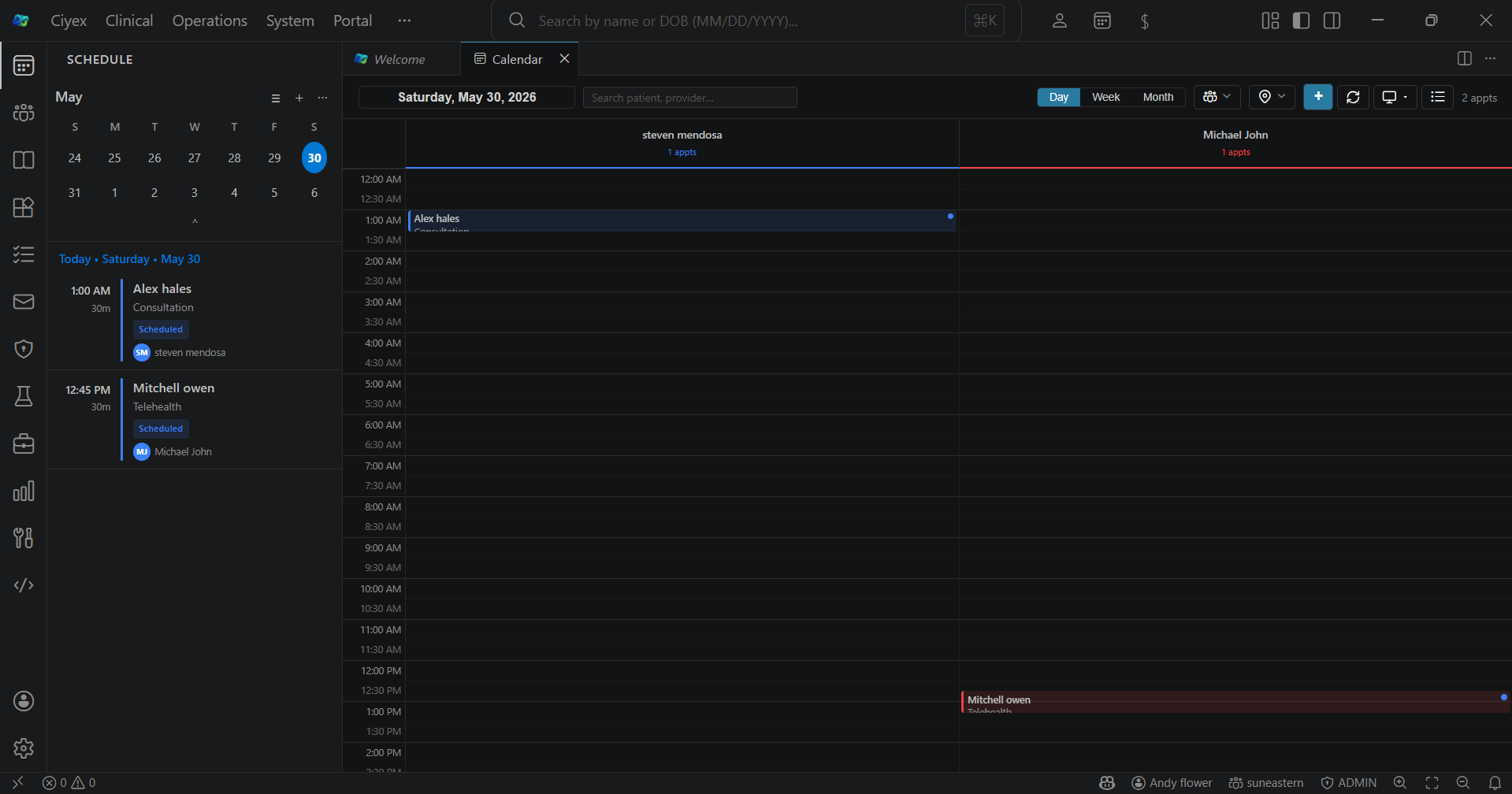Ciyex Workspace desktop client showing the EHR schedule view